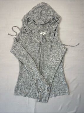 Mudd Vintage Y2K Heather Grey Ribbed Knit Hooded Cardigan Sweater - Size Small